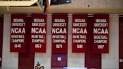Dec 13, 2020; Bloomington, Indiana, USA; A view of the championship banners in at Simon Skjodt Assembly Hall. Mandatory Credit: Trevor Ruszkowski-Imagn Images