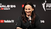 Oct 18, 2024; Minneapolis, Minnesota, USA; New York Liberty head coach Sandy Brondello talks to the media before game four of the 2024 WNBA Finals against the Minnesota Lynx at Target Center. Mandatory Credit: Matt Krohn-Imagn Images