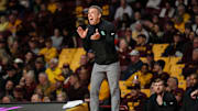 Nov 13, 2024; Minneapolis, Minnesota, USA; North Texas Mean Green head coach Ross Hodge reacts during the first half against the Minnesota Golden Gophers at Williams Arena. Mandatory Credit: Matt Krohn-Imagn Images