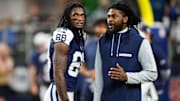 Nov 28, 2024; Arlington, Texas, USA;  Dallas Cowboys wide receiver CeeDee Lamb (88) and cornerback Trevon Diggs (7) during pregame warmups before the game against the New York Giants at AT&T Stadium. Mandatory Credit: Chris Jones-Imagn Images