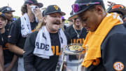 May 26, 2024; Hoover, AL, USA; Tennessee Volunteers pitcher Kirby Connell (35) and Tennessee Volunteers infielder Christian Moore (1) celebrates with the championship trophy after the championship game between Tennessee and LSU at the SEC Baseball Tournament at Hoover Metropolitan Stadium. Mandatory Credit: Vasha Hunt-USA TODAY Sports