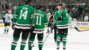 Oct 13, 2024; Dallas, Texas, USA;  Dallas Stars center Wyatt Johnston (53) reacts with teammates after scoring a goal against the Seattle Kraken during the first period at American Airlines Center. Mandatory Credit: Chris Jones-Imagn Images