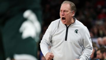 Mar 15, 2024; Minneapolis, MN, USA; Michigan State Spartans head coach Tom Izzo celebrates during the second half against the Purdue Boilermakers at Target Center. Mandatory Credit: Matt Krohn-USA TODAY Sports