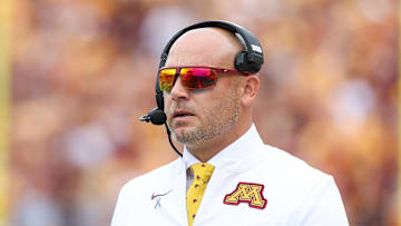 Sep 14, 2024; Minneapolis, Minnesota, USA; Minnesota Golden Gophers head coach P.J. Fleck looks on during the first half against the Nevada Wolf Pack at Huntington Bank Stadium. Mandatory Credit: Matt Krohn-Imagn Images