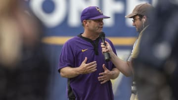 May 25, 2024; Hoover, AL, USA; LSU Tigers head coach Jay Johnson talks about the game after a 12-11 win over the South Carolina Gamecocks during the SEC Baseball Tournament at Hoover Metropolitan Stadium. Mandatory Credit: Vasha Hunt-USA TODAY Sports