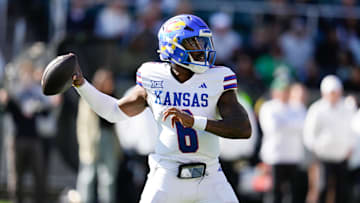 Nov 30, 2024; Waco, Texas, USA;  Kansas Jayhawks quarterback Jalon Daniels (6) drops back to pass against the Baylor Bears during the second half at McLane Stadium. Mandatory Credit: Chris Jones-Imagn Images