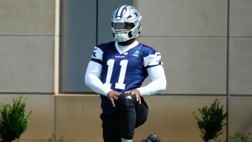 Jun 5, 2024; Frisco, TX, USA;  Dallas Cowboys linebacker Micah Parson (11) warms up during practice at the Ford Center at the Star Training Facility in Frisco, Texas. Mandatory Credit: Chris Jones-USA TODAY Sports