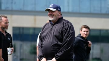 Jun 5, 2024; Frisco, TX, USA;  Dallas Cowboys head coach Mike McCarthy reacts during practice at the Ford Center at the Star Training Facility in Frisco, Texas.  Mandatory Credit: Chris Jones-USA TODAY Sports