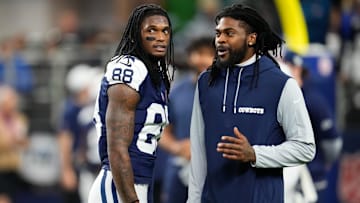Nov 28, 2024; Arlington, Texas, USA;  Dallas Cowboys wide receiver CeeDee Lamb (88) and cornerback Trevon Diggs (7) during pregame warmups before the game against the New York Giants at AT&T Stadium. Mandatory Credit: Chris Jones-Imagn Images