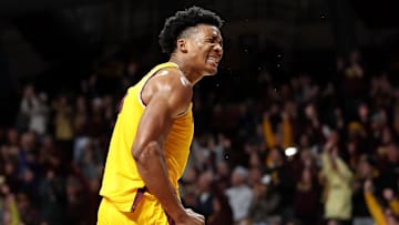 Nov 9, 2024; Minneapolis, Minnesota, USA; Minnesota Golden Gophers center Trey Edmonds (5) celebrates during the second half against the Omaha Mavericks at Williams Arena. Mandatory Credit: Matt Krohn-Imagn Images
