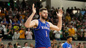 Feb 1, 2025; Waco, Texas, USA;  Kansas Jayhawks center Hunter Dickinson (1) reacts after a play against the Baylor Bears during the second half at Paul and Alejandra Foster Pavilion. Mandatory Credit: Chris Jones-Imagn Images