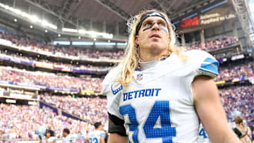 Oct 20, 2024; Minneapolis, Minnesota, USA; Detroit Lions linebacker Alex Anzalone (34) walks on the field after his teams win against the Minnesota Vikings at U.S. Bank Stadium. Mandatory Credit: Matt Krohn-Imagn Images