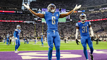 Dec 24, 2023; Minneapolis, Minnesota, USA; Detroit Lions safety Ifeatu Melifonwu (6) celebrates after he intercepted a pass against the Minnesota Vikings during the fourth quarter at U.S. Bank Stadium. Mandatory Credit: Matt Krohn-Imagn Images