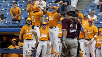 May 23, 2024; Hoover, AL, USA; Tennessee Volunteers outfielder Kavares Tears (21) celebrates his three-run home run with teammates during a game against the Texas A&M Aggies at the SEC Baseball Tournament at Hoover Metropolitan Stadium. Mandatory Credit: Vasha Hunt-USA TODAY Sports