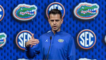 Oct 15, 2024; Birmingham, AL, USA; Florida Gators head coach Todd Golden talks with the media during SEC Media Days at Grand Bohemian Hotel. Mandatory Credit: Vasha Hunt-Imagn Images