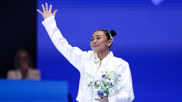 Jun 30, 2024; Minneapolis, Minnesota, USA; Sunisa Lee reacts after being selected for the 2024 U.S. Olympic Women's gymnastics team during the U.S. Olympic Team Gymnastics Trials at Target Center. Mandatory Credit: Matt Krohn-USA TODAY Sports