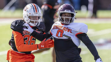 Jan 30, 2024; Mobile, AL, USA; American defensive back Jaylin Simpson of Auburn (36) and American wide reciever Ainias Smith of Texas A&M (0) work in passing drills during practice for the American team at Hancock Whitney Stadium. Mandatory Credit: Vasha Hunt-USA TODAY Sports