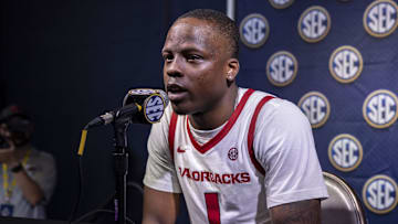 Oct 15, 2024; Birmingham, AL, USA; Arkansas Razorbacks guard Johnell Davis talks with the media during SEC Media Days at Grand Bohemian Hotel. Mandatory Credit: Vasha Hunt-Imagn Images