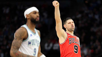 Mar 31, 2024; Minneapolis, Minnesota, USA; Chicago Bulls center Nikola Vucevic (9) reacts to his three-point basket against the Minnesota Timberwolves during the second half at Target Center. Mandatory Credit: Matt Krohn-Imagn Images