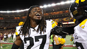 Sep 21, 2024; Minneapolis, Minnesota, USA; Iowa Hawkeyes defensive back Jermari Harris (27) celebrates his teams win after the game against the Minnesota Golden Gophers at Huntington Bank Stadium. Mandatory Credit: Matt Krohn-Imagn Images