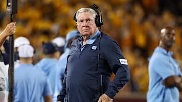 Aug 29, 2024; Minneapolis, Minnesota, USA; North Carolina Tar Heels head coach Mack Brown looks on during the first half against the Minnesota Golden Gophers at Huntington Bank Stadium. Mandatory Credit: Matt Krohn-USA TODAY Sports