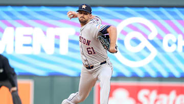 Jul 5, 2024; Minneapolis, Minnesota, USA; Houston Astros pitcher Seth Martinez (61) pitches against the Minnesota Twins during the third inning at Target Field.