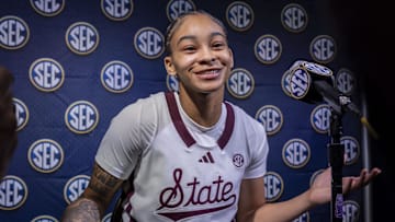 Oct 16, 2024; Birmingham, AL, USA; Mississippi State Bulldogs guard Jerkaila Jordan talks with the media during SEC Media Days at Grand Bohemian Hotel. Mandatory Credit: Vasha Hunt-Imagn Images