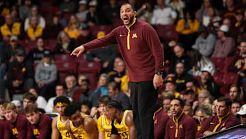 Nov 16, 2024; Minneapolis, Minnesota, USA; Minnesota Golden Gophers head coach Ben Johnson reacts during the second half against the Yale Bulldogs at Williams Arena. Mandatory Credit: Matt Krohn-Imagn Images