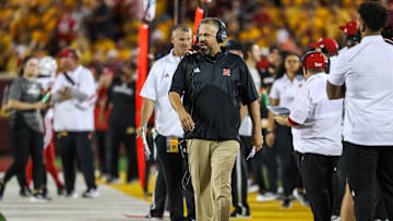 Aug 31, 2023; Minneapolis, Minnesota, USA; Nebraska Cornhuskers head coach Matt Rhule looks on during the second quarter against the Minnesota Golden Gophers at Huntington Bank Stadium. Mandatory Credit: Matt Krohn-Imagn Images