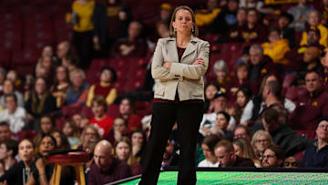 Feb 8, 2024; Minneapolis, Minnesota, USA; Minnesota Golden Gophers head coach Dawn Plitzuweit looks on during the second half against the Ohio State Buckeyes at Williams Arena. Mandatory Credit: Matt Krohn-Imagn Images