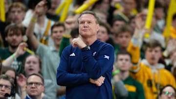 Feb 1, 2025; Waco, Texas, USA; Kansas Jayhawks head coach Bill Self reacts during the first half against the Baylor Bears at Paul and Alejandra Foster Pavilion. Mandatory Credit: Chris Jones-Imagn Images