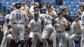 May 25, 2024; Hoover, AL, USA; South Carolina Gamecocks catcher Dalton Reeves (44) celebrates his three run hone run in the third inning against the LSU Tigers during the SEC Baseball Tournament at Hoover Metropolitan Stadium. Mandatory Credit: Vasha Hunt-USA TODAY Sports