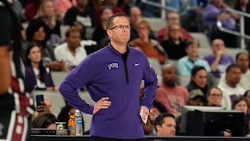 Dec 8, 2024; Fort Worth, Texas, USA; TCU Horned Frogs head coach Mark Campbell reacts against the South Carolina Gamecocks during the first half at Dickies Arena. Mandatory Credit: Chris Jones-Imagn Images