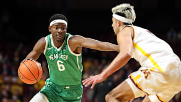 Nov 13, 2024; Minneapolis, Minnesota, USA; North Texas Mean Green forward Brenen Lorient (6) works around Minnesota Golden Gophers forward Dawson Garcia (3) during the second half at Williams Arena. Mandatory Credit: Matt Krohn-Imagn Images