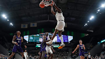 Dec 9, 2024; Waco, Texas, USA;  Baylor Bears guard VJ Edgecombe (7) dunks against the Abilene Christian Wildcats during the second half at Paul and Alejandra Foster Pavilion. Mandatory Credit: Chris Jones-Imagn Images
