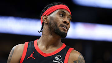Toronto Raptors forward Jalen McDaniels looks on during the fourth quarter against the Minnesota Timberwolves.