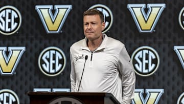 Oct 15, 2024; Birmingham, AL, USA; Vanderbilt Commodores head coach Mark Byington talks with the media during SEC Media Days at Grand Bohemian Hotel.