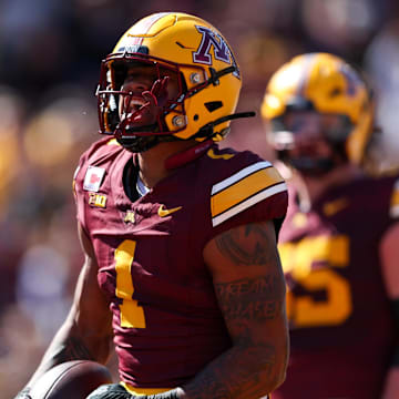 Sep 7, 2024; Minneapolis, Minnesota, USA; Minnesota Golden Gophers running back Darius Taylor (1) celebrates his touchdown against the Rhode Island Rams during the first half at Huntington Bank Stadium. Mandatory Credit: Matt Krohn-Imagn Images