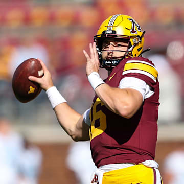 Sep 7, 2024; Minneapolis, Minnesota, USA; Minnesota Golden Gophers quarterback Max Brosmer (16) warms up before the game against the Rhode Island Rams at Huntington Bank Stadium. Mandatory Credit: Matt Krohn-Imagn Images