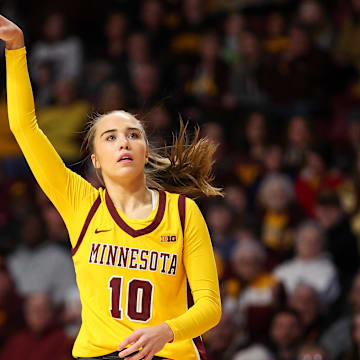 Jan 14, 2024; Minneapolis, Minnesota, USA; Minnesota Golden Gophers guard Mara Braun (10) reacts to her shot against the Nebraska Cornhuskers during the first half at Williams Arena. Mandatory Credit: Matt Krohn-Imagn Images