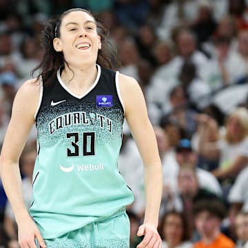 Oct 16, 2024; Minneapolis, Minnesota, USA; New York Liberty forward Breanna Stewart (30) reacts to her shot against the Minnesota Lynx during the second half of game three of the 2024 WNBA Finals at Target Center. Mandatory Credit: Matt Krohn-Imagn Images