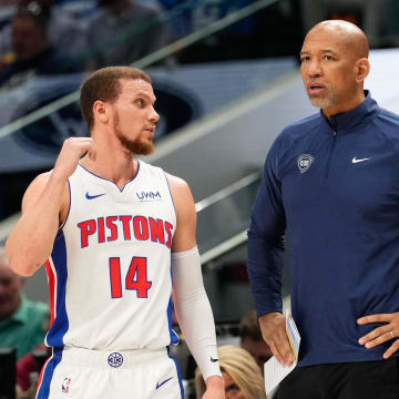 Apr 12, 2024; Dallas, Texas, USA; Detroit Pistons head coach Monty Williams speaks with Detroit Pistons guard Malachi Flynn (14) during a break in play against the Dallas Mavericks during the first half at American Airlines Center. Mandatory Credit: Chris Jones-USA TODAY Sports