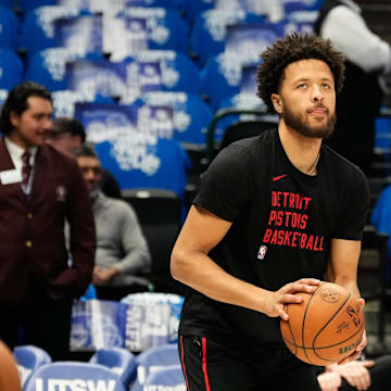 Apr 12, 2024; Dallas, Texas, USA; Detroit Pistons guard Cade Cunningham (2) warms up before the game against the Dallas Mavericks at American Airlines Center. Mandatory Credit: Chris Jones-Imagn Images