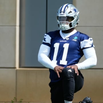 Jun 5, 2024; Frisco, TX, USA;  Dallas Cowboys linebacker Micah Parson (11) warms up during practice at the Ford Center at the Star Training Facility in Frisco, Texas. Mandatory Credit: Chris Jones-USA TODAY Sports