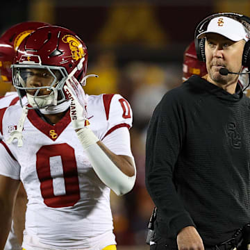 Oct 5, 2024; Minneapolis, Minnesota, USA; USC Trojans head coach Lincoln Riley looks on during the first half against the Minnesota Golden Gophers at Huntington Bank Stadium. Mandatory Credit: Matt Krohn-Imagn Images