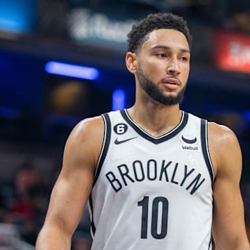 Nov 25, 2022; Indianapolis, Indiana, USA; Brooklyn Nets guard Ben Simmons (10) in the first quarter against the Indiana Pacers at Gainbridge Fieldhouse. Mandatory Credit: Trevor Ruszkowski-Imagn Images