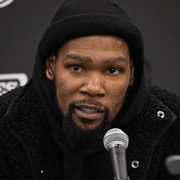 Jan 5, 2022; Indianapolis, Indiana, USA; Brooklyn Nets forward Kevin Durant (7) talks to the media after the game against the Indiana Pacers at Gainbridge Fieldhouse. Mandatory Credit: Trevor Ruszkowski-Imagn Images