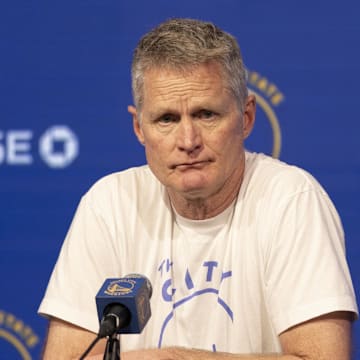 Mar 22, 2024; San Francisco, California, USA; Golden State Warriors head coach Steve Kerr talks with the media before the game against the Indiana Pacers at Chase Center. Mandatory Credit: John Hefti-Imagn Images