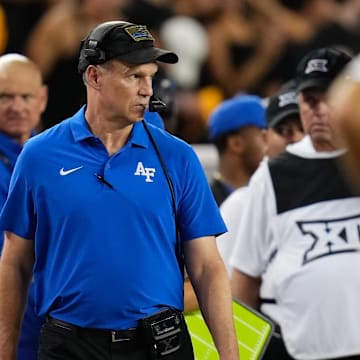 Sep 14, 2024; Waco, Texas, USA; Air Force Falcons head coach Troy Calhoun looks on against the Baylor Bears during the second half at McLane Stadium. Mandatory Credit: Chris Jones-Imagn Images