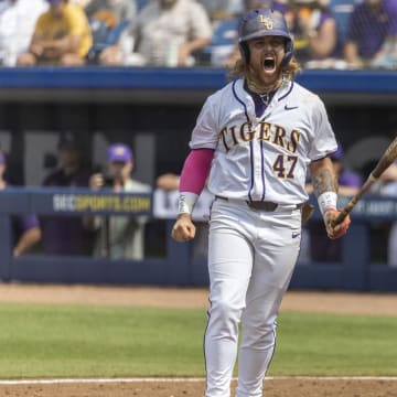 May 25, 2024; Hoover, AL, USA; LSU Tigers infielder Tommy White (47) reacts after a big swing against the South Carolina Gamecocks during the SEC Baseball Tournament at Hoover Metropolitan Stadium. Mandatory Credit: Vasha Hunt-USA TODAY Sports